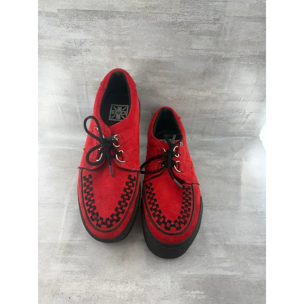 T.U.K. Red Suede Creeper Sneakers Black Interwoven Platform A3144 Men Sz 9